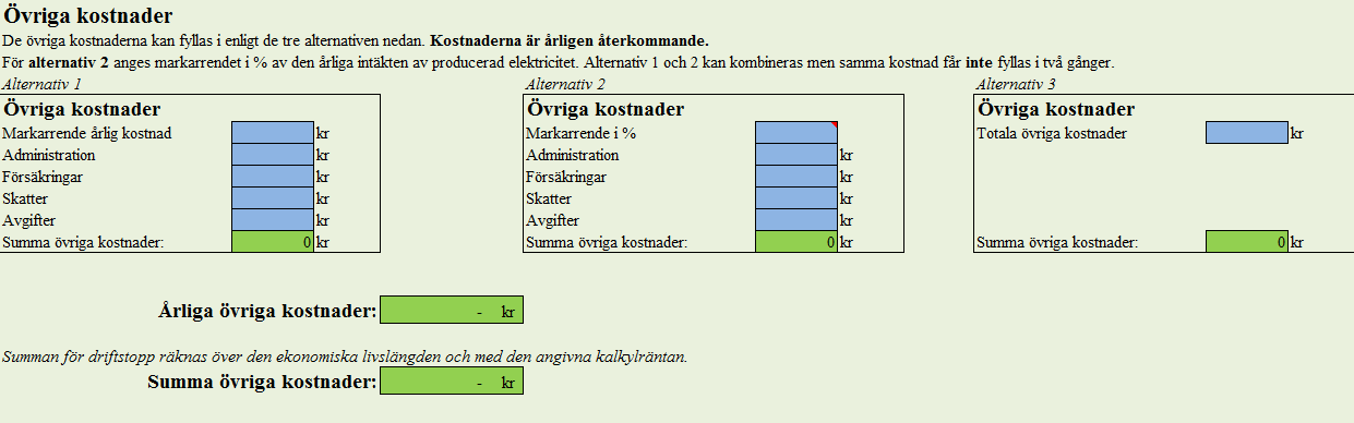 5.1.6 Övriga kostnader Övriga kostnadsposter som tillkommer för att driva en vindkraftanläggning är kostnad för markarrenden, administration, försäkringar, fastighetsskatt, miljötillsynsavgift,