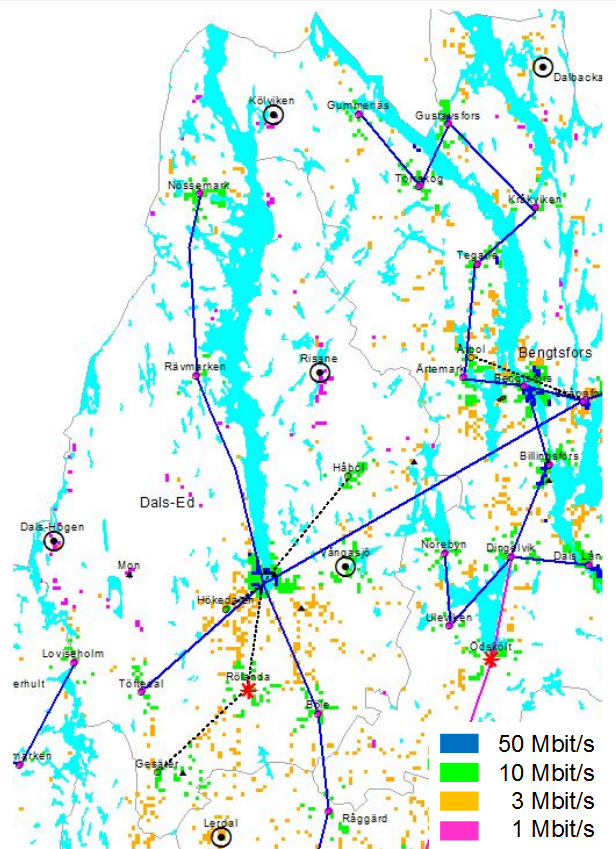 Figur 3. PTS kartläggning av bredbandshastigheten i kommunen 2010 Ovanstående kartläggning är väldigt smickrande för bl a Gesäter och Håbol.