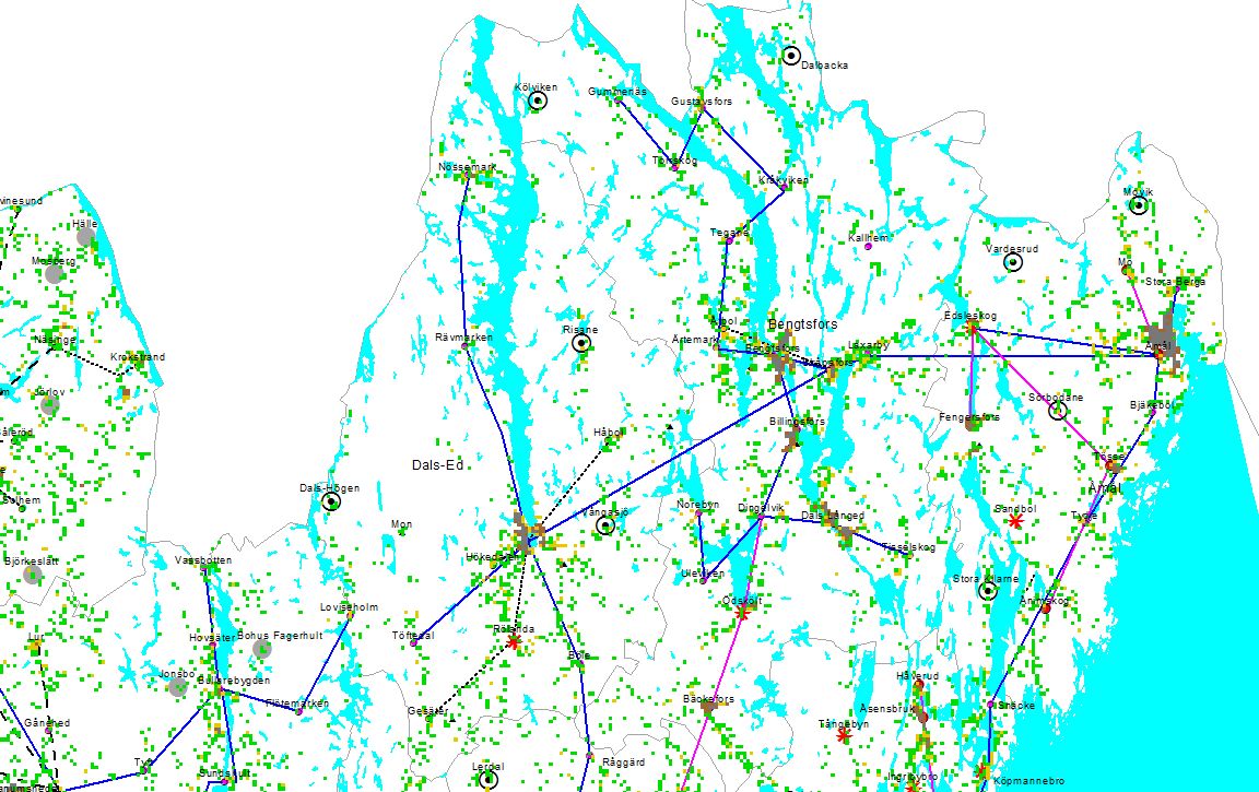 Figur 1. Dals-Eds kommuns befolkning Källa: VGR Ubit Varje färgad ruta representerar en kvadrat med sidan 250 m. 3.