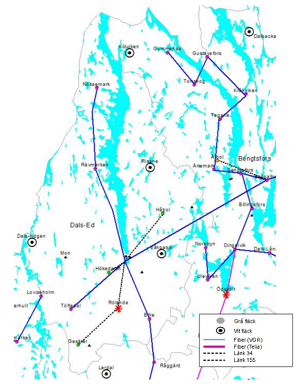 3.4 Översiktlig bild av tillgängliga förbindelser i Dals-Eds kommun Kartan nedan visar de förbindelser som ingår i det publika bredbandsnät som