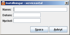 Serviceavtal Menyval: Arkiv > Inställningar > Serviceavtal 2 3 1 4 Uppgifter om serviceavtal läggs in här.