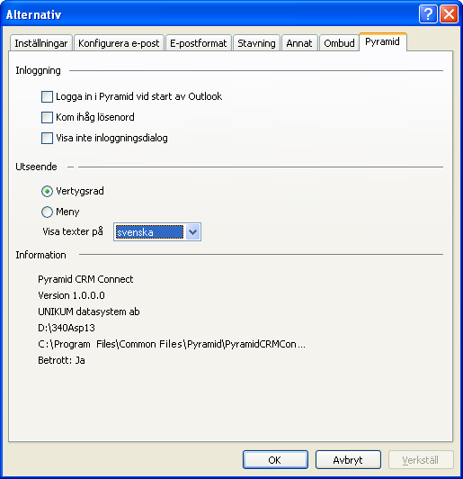 CRM-handbok - Begrepp, inställningar och egenskaper 1.3.9. Koppling till CRM Connect kommunikation med Outlook Pyramid CRM är helintegrerat med Outlook via CRM Connect.