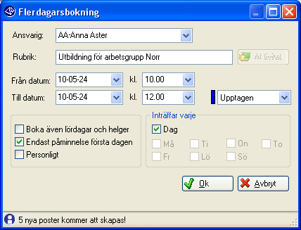 CRM-handbok - Aktiviteter 2.5.3. Flerdagarsbokning En flerdagarsbokning fungerar på ungefär samma sätt som en återkommande bokning.