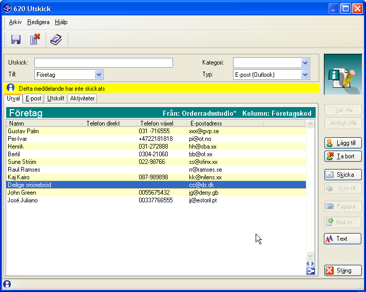 CRM-handbok - Utskick I dialogen som öppnats kan du se att urvalet skapats i Orderradsstudion och att e-postadresserna baseras på innehållet i kolumnen Företagskod.