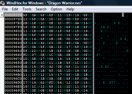 Bild 1. Rom-filen Dragon Warrior har öppnats i hexredigeraren WindHex Den ovanstående bilden visar en del av det textmässiga innehållet i rom-filen, närmare bestämt en del av spelets dialog.