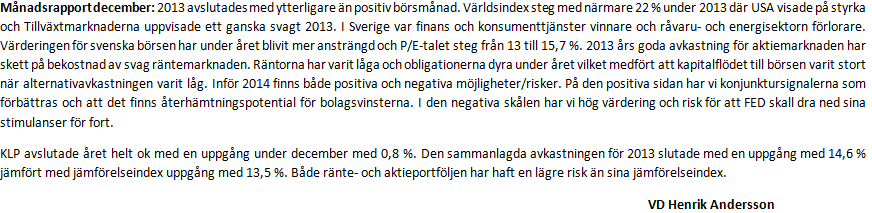 Kommentar och utveckling för KLP-Totalt 31 December 2013 Utveckling andelsvärde för perioden 2003-02 - 2013-12 Portföljen Index Aktieinnehav 65% 180% 160% 140% 55% 120% 100%