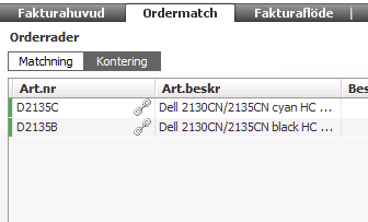 57 (71) För att hantera denna faktura klickar man på länken och får då upp en lista på de artiklar som fanns med på ordern. Kontrollera att priset från fakturan stämmer överens med orderns pris.