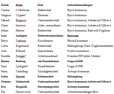 Projektets styrgrupp bestod av representanter från de olika samverkanspartnerna samt en representant från Bjuvsam (FINSAMS 15 samordningsförbund i Bjuvs kommun).