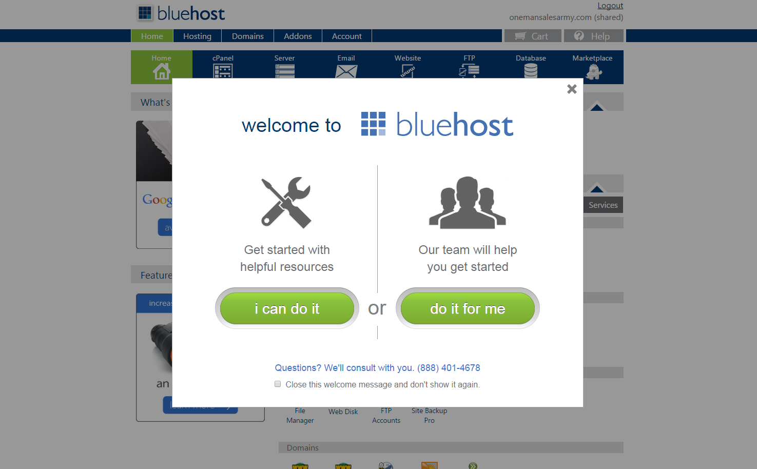 Steg 3 Installera WordPress När du ser meddelandet Welcome to bluehost! så är du klar med BlueHostkontoprocessen. Nu kan du välja om du gör installeringen själv eller ta hjälp från bluehost-teamet.