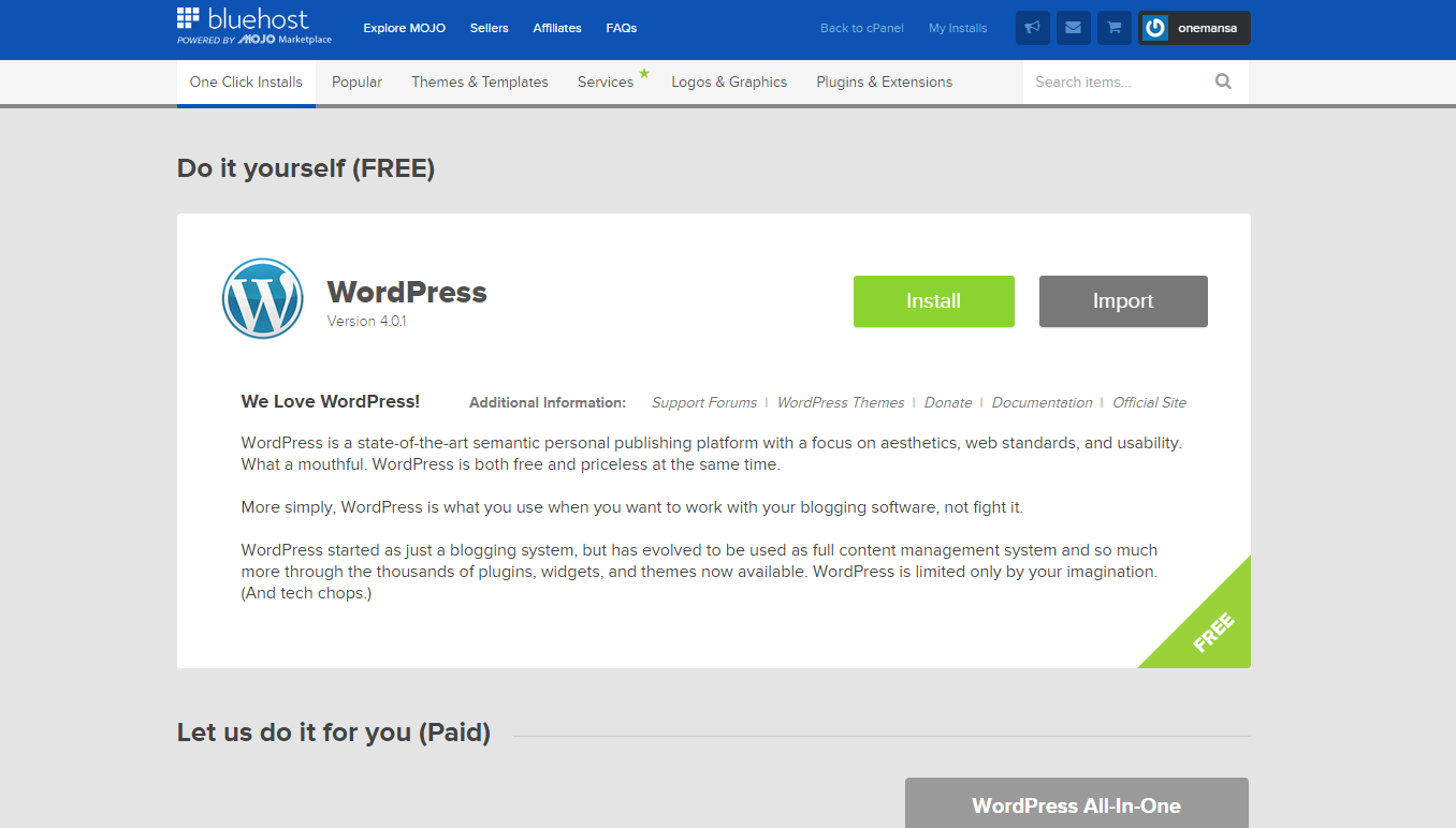 A) Scrolla ner till rubriken Website och klicka på Install WordPress -ikonen.