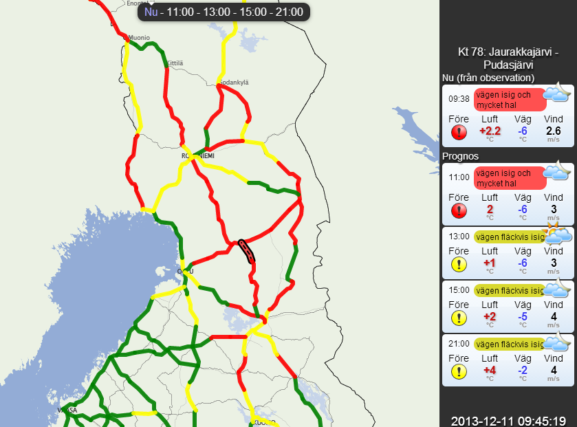 Figur 9. Exempel på Väglagsprognos från finska Trafikverket. Vald vägsträcka är den med svart kontur i mitten av bilden. 5.