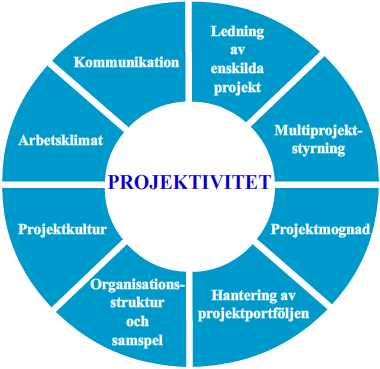 Figur 3.11 - Projektivitet enligt Wenell Enligt Wenell så utgörs projektvitet av åtta olika faktorer som finns representerade i Projektivitetscirkeln i figur 3.11. Behärskar och arbetar man ständigt med att förbättra dessa åtta olika områden, så uppnår man hög projektivitet inom organisationen eller företaget.