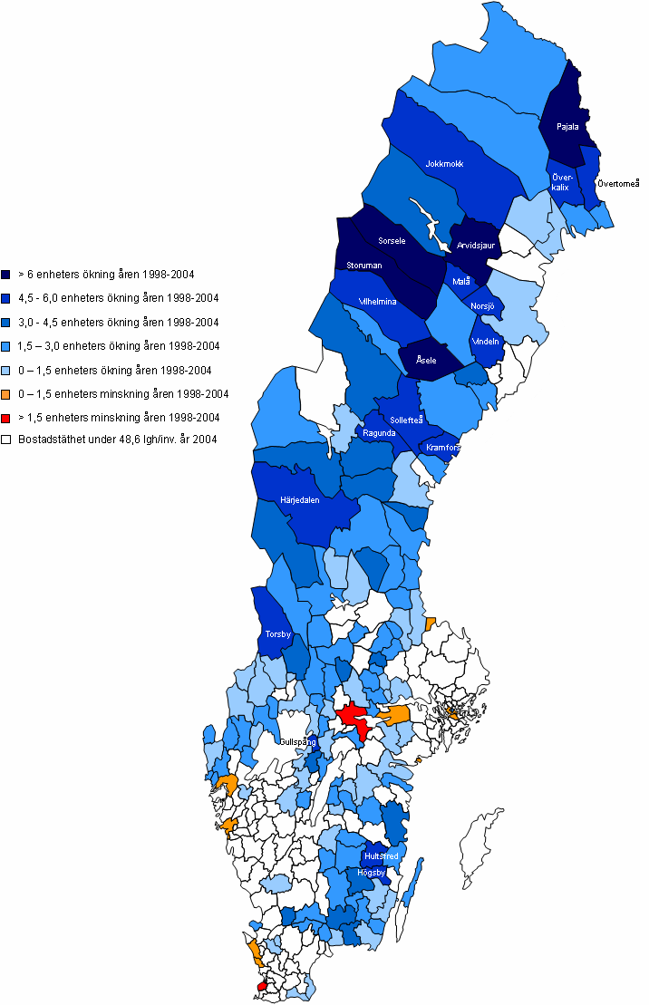 Figur 4: Kommuner med en bostadstäthet över medeltalet för riket 2004, och förändringen av bostadstätheten i dessa