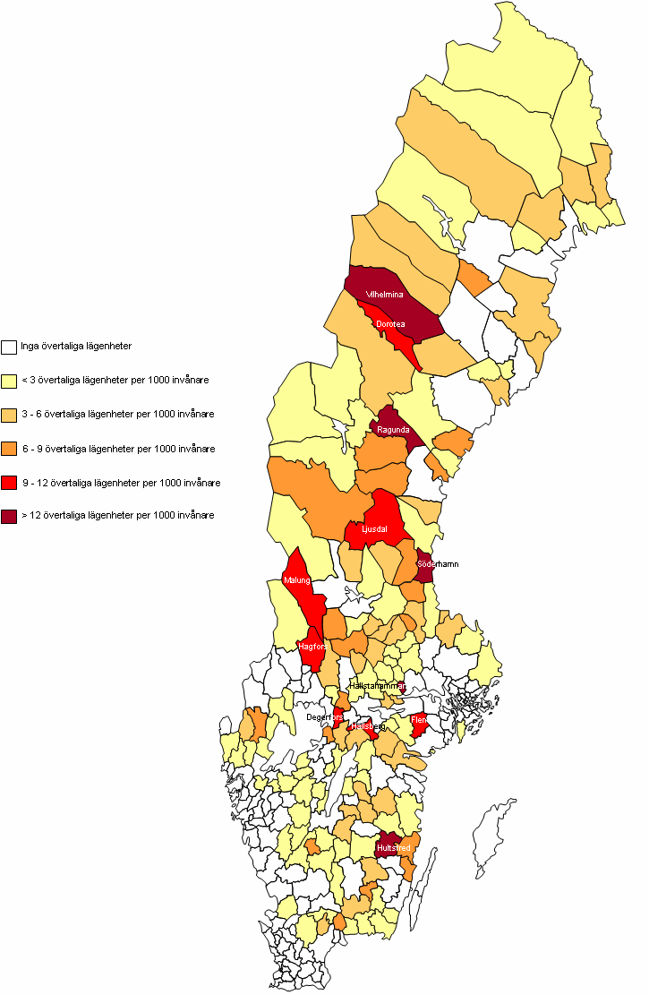 Figur 11: Övertaliga lägenheter i de allmännyttiga bostadsföretagens lägenhetsbestånd, mars 2005 Övertaligheten uttrycks i antal lägenheter/1000