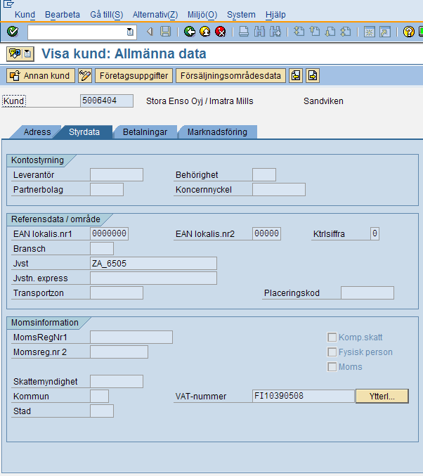 1. Kundöppning och kundregistret 1d. Vyn i kundregistret Kundregistret kommer man in i med XD03 (Visa kund (centralt)).