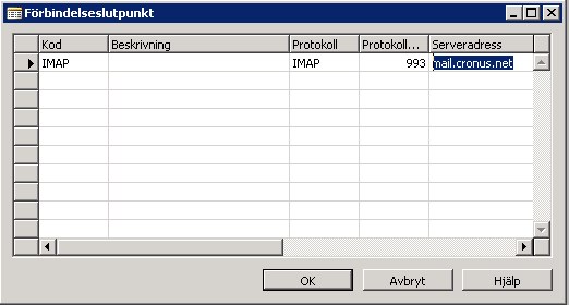 FÖRBINDELSE SLUTPUNKTER I tabellen förbindelseslutpunkt sätts information upp om var e-mail kan hämtas från. Koden för slutpunkten sätts därefter upp på dokumentkategorin.