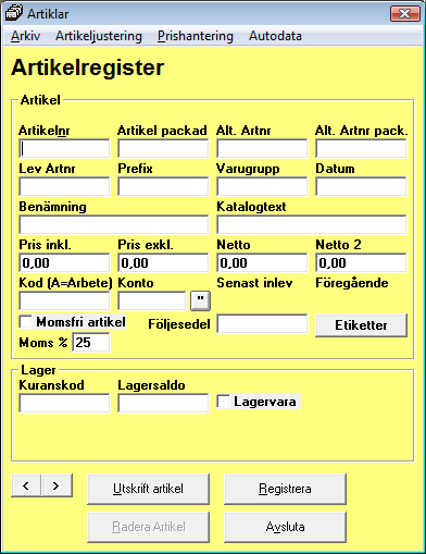 ArtikelregisterSökning av artiklar Skriv in hela artikelnumret, med eventuella bindesträck och mellanrum i Artikelnr fältet <Enter>. Finns artikeln kommer en fråga om ni vill editera artikeln.