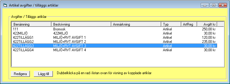 Artikel avgifter/tilläggsartiklarför att koppla artiklar till en avgift / tillägg, gå in i Artikelregistret, välj Prishantering och sedan Avgifter/Tilläggsartiklar.