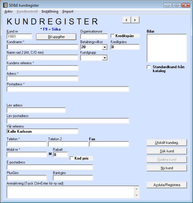 KundregisterHär fyller du i alla uppgifter om dina kunder, även bilinformation. Väljer du kundkontroll visas kundens obetalda räkningar. Under kundgrupper kan du skapa olika grupper.