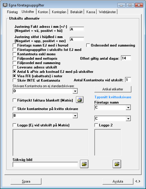 UtskrifterUnder denna flik kan du anpassa dina utskrifter. Genom kryssmarkeringar anger du smidigt vad som skall vara med på utskriften eller ej.
