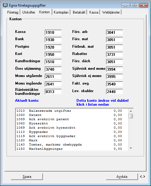 KontonUnder denna flik bestämmer du på vilket konto de olika posterna skall bok föras.