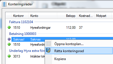 När det nya kontraktet är skapat plockas informationen bort från listan och man kan fortsätta med nästa Bokföring KONTERINGSÖVERSIKT Vid högerklick och val grupperas nu raderna