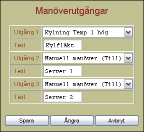 Manöverutgångar Väljer du Manöverutgångar i inställningsmenyn, får du upp följande: Här ställer man in hur de tre manöverutgångarna ska fungera. Varje utgång har en motsvarande knapp på huvudsidan.