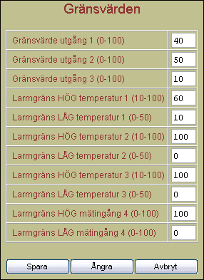 Gränsvärden Väljer du Gränsvärden i inställningsmenyn, får du upp följande formulär på websidan: Detta formulär behöver vi nog inte förklara i detalj. Det mesta förklaras genom rubriken.