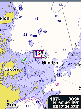 Visa tidvattensstationsinformation Tidvattensstationsinformation visas på sjökortet med en detaljerad ikon som visar den relevanta tidvattennivån.