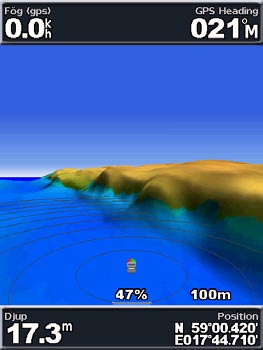 Använda sjökort Använda Mariner s Eye 3D Mariner s Eye 3D ger ett fågelperspektiv över och bakom båten (baserat på din kurs) som ett visuellt navigationshjälpmedel.