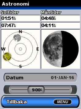 Visa astronomiinformation På skärmen Astronomi kan du visa astronomidata för sol- och mån uppgång/nedgång och ungefärlig himmelsvyplats för solen och månen.