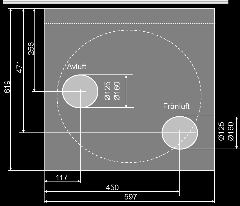 Frånluft stos Ø 125 mm 125 eller 160 mm 160 mm OBSERVERA: Värmepumpen skall