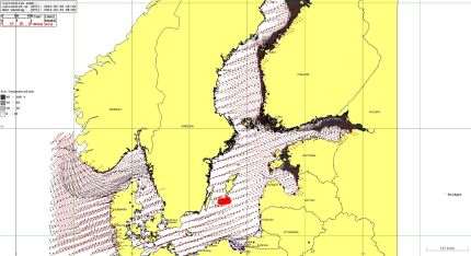 Resultaten i Seatrack Web presenteras grafiskt. Bilden visar isläget, ström och vind samt en prognos över ett fiktivt oljeutsläpp söder om Gotland.