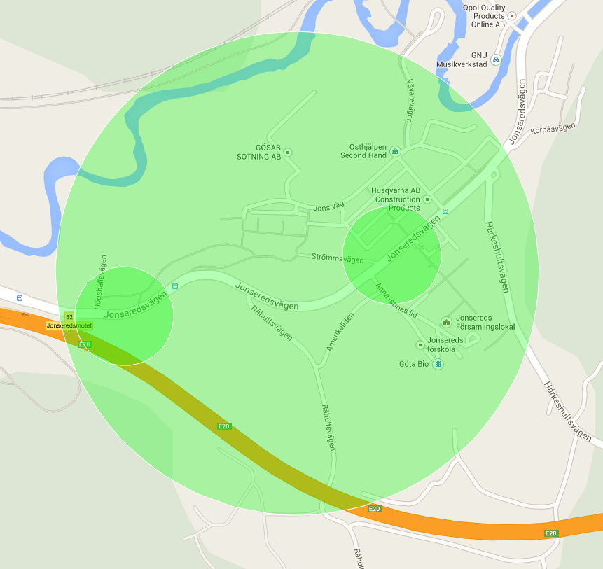 3 (15) Fig 1. En stor zon med max 30 km/h och eldrift täcker hela centrala Jonsered. Två mindre zoner med max 15 km/h är placerade vid förskolor och skola.