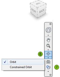 Följande bild visar vyhanteringsverktygen som finns tillgängliga på i navigationsmenyn. 1. View Cube 2. Steering Wheel 3. Pan 4. View Face 5. Zoom all 6. Free Orbit 7.