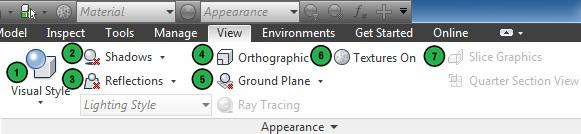 Visningslägen Området på View fliken visar utseenderelaterade verktyg som kontrollerar utseendet på din modell. Välj en renderingsstil från listan för att förändra visningen av din modell. 1.