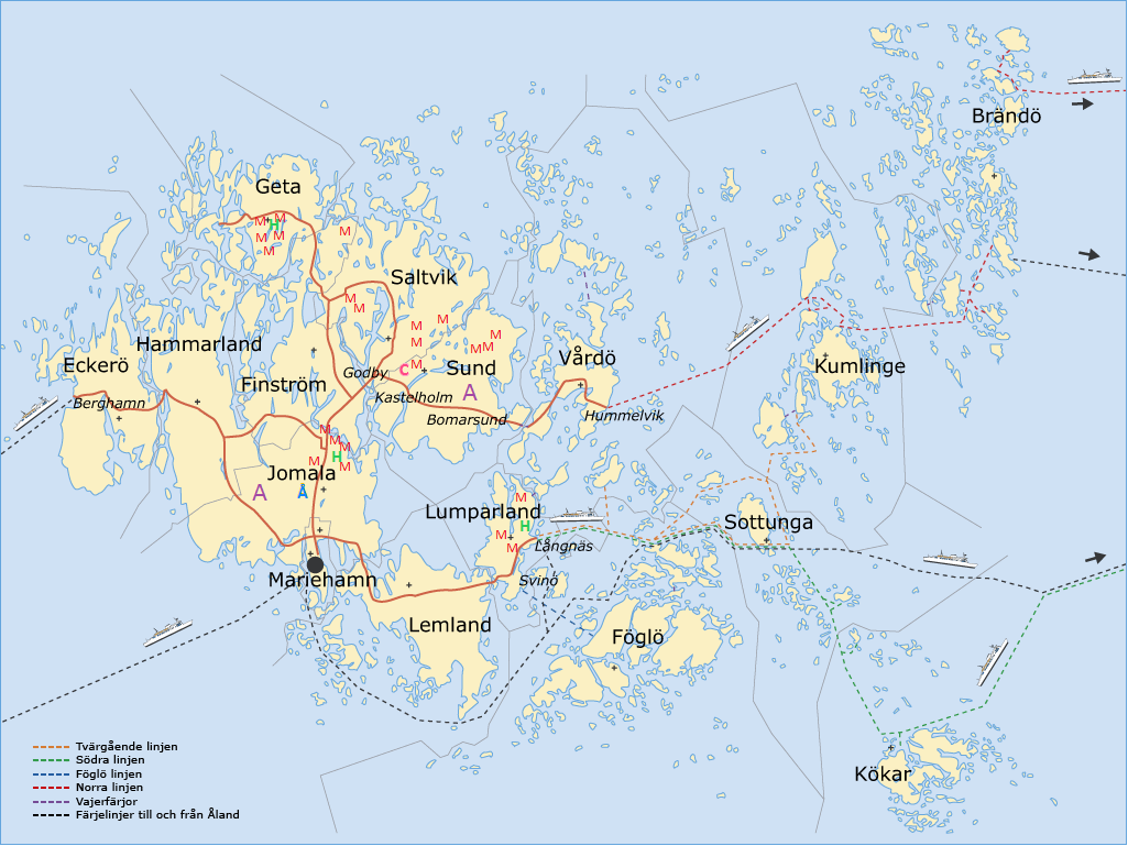 Figur 1: Karta över Åland. Nyckel: A= Anläggning, M= Mjölkgård, H=Hästgård, Å=ÅCA mejeri, C=Chips AB.