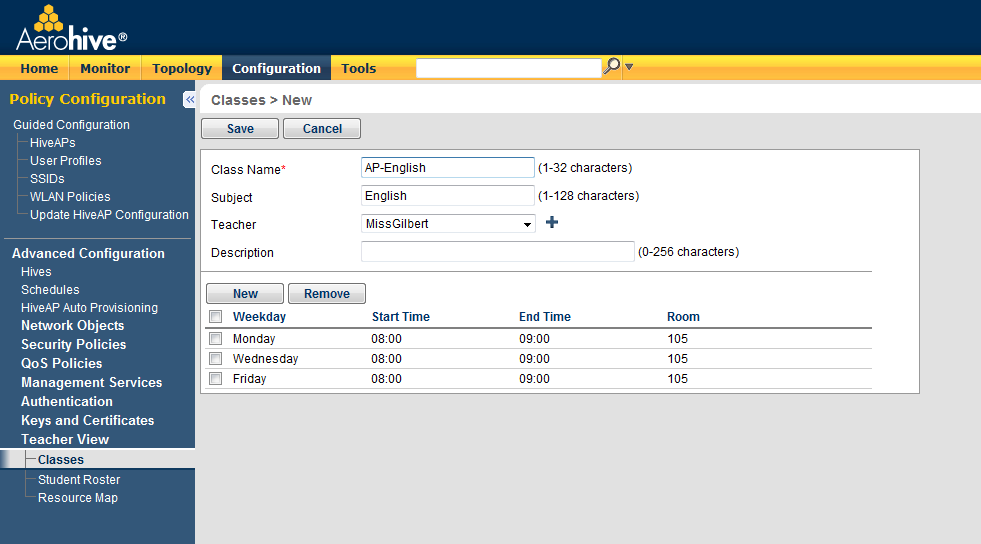 Bild 5: TeacherView-konfiguration i HiveManager Network Management System När lektionerna har skapats kan elevlistorna också genereras. Elevlistorna visar elever, vanligtvis efter 802.