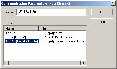 Nästa bild som syns är kommunikationsinställningar Den ser ut så här: Tryck på New för att skapa en ny koppling mellan datorn och PLC Skriv in ett namn på anslutningen och välj Tcp/Ip[Level 2 Route]