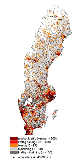 Figur 24 Årlig genomsnittlig Befolkningsförändring år 2002 2012, FA-regioner och regiontyper Källa: SCB/RTB Figur 25 Befolkningsförändring år 2002 2012 10*10 km rutnät Källa: SCB/koordinatsatt