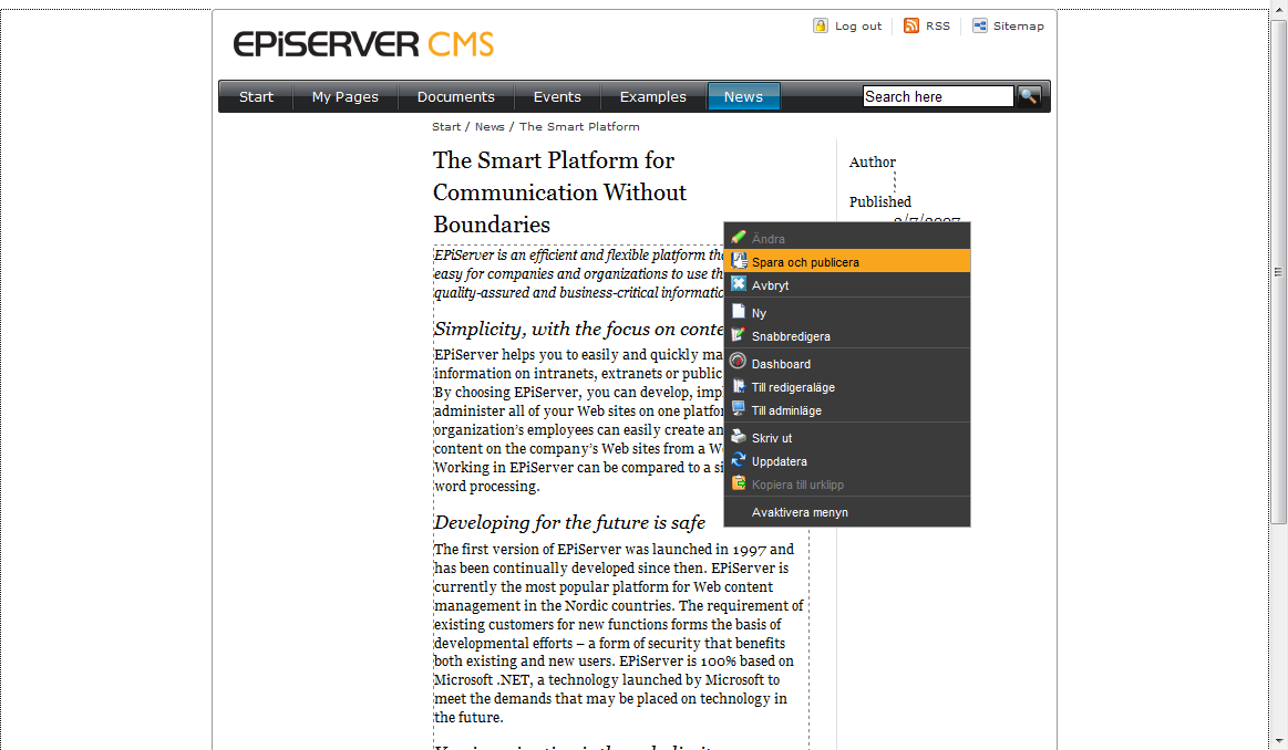 28 Redaktörshandboken för EPiServer CMS 6.0 Rev C Redigera med höger musknapp Enkel redigering från visaläge Det enklaste sättet att redigera i EPiServer CMS är att använda enkel redigering.