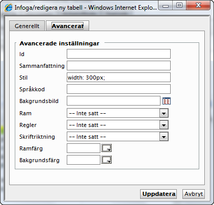 60 Redaktörshandboken för EPiServer CMS 6.0 Rev C Ange fördefinierad formatering som ska användas i tabellen. Välj en lämplig CSS- klass i flervalslistan.