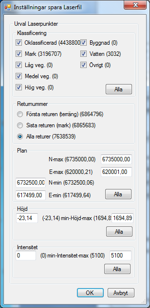 Ursprung: Filens namn, storlek, sökväg och typ/format. Koordinatsystem: Anges om det finns i filen. Lantmäteriets data är i Sweref99 TM. Utbredning: Laserdatats utbredning i 3 dimensioner.