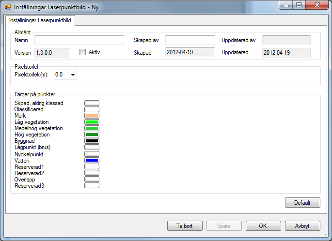 Klicka på färgknapparna för att välja färg. Lantmäteriets laserdata innehåller bara tre klasser Oklassificerad, Mark och Vatten. Intensitetbild Allmänt: Namn: Ange ett beskrivande namn.