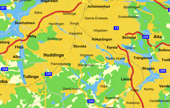 Nedan presenteras Huddinges olika delområden mer ingående. Kungens kurva Segeltorp Vårby Huddinge Centrum Flemingsberg Trångsund Skogås Källa: Eniro 2.3.