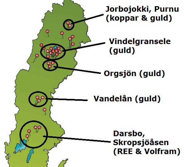 Projektportfölj I projektportföljen ligger fokus på guld i Västerbotten medan projekten som ligger längre söderut omfattar sällsynta jordartsmetaller och volfram Botnia Exploration har en stor
