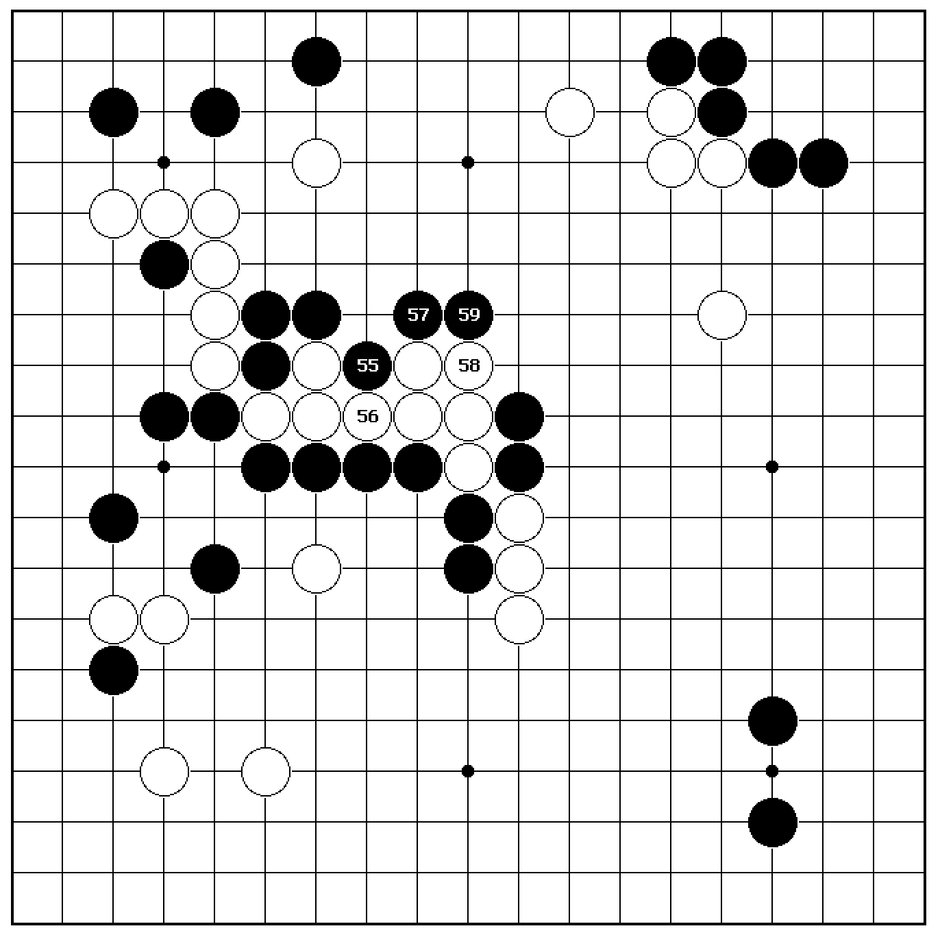 12 O MEIEN FALLS OFF A LADDER FROM MINDZINE, 25 MAY 2000: The first game of the 55th Honinbo final ended almost farcically after 59 moves when O Meien 9-dan was caught out by a fairly simple ladder.