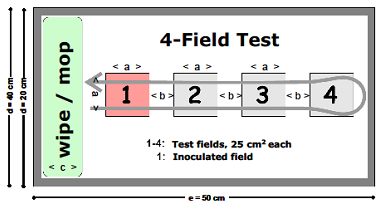 EN 16615: 4-Field test. Fas 2, steg 2 Scheme of the mop sweep through four test fields areas. Field 1 is contaminated with 0.05 ml of S. aureus (3 107 cfu/ml), areas 2 4 are germ-free surfaces.