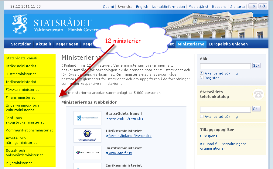 Lars Sjöström 2012-02-16 25(40) 5.5. Former för organisation och samverkan I Finland finns 12 ministerier.