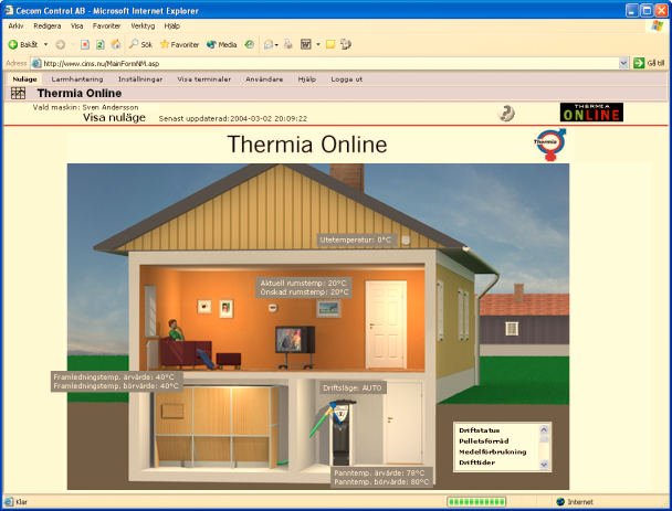 När du besöker Thermia Online på Internet möts du av en schematisk bild som visar aktuella nyckelvärden just för ditt pelletssystem. Styr och övervaka på distans!